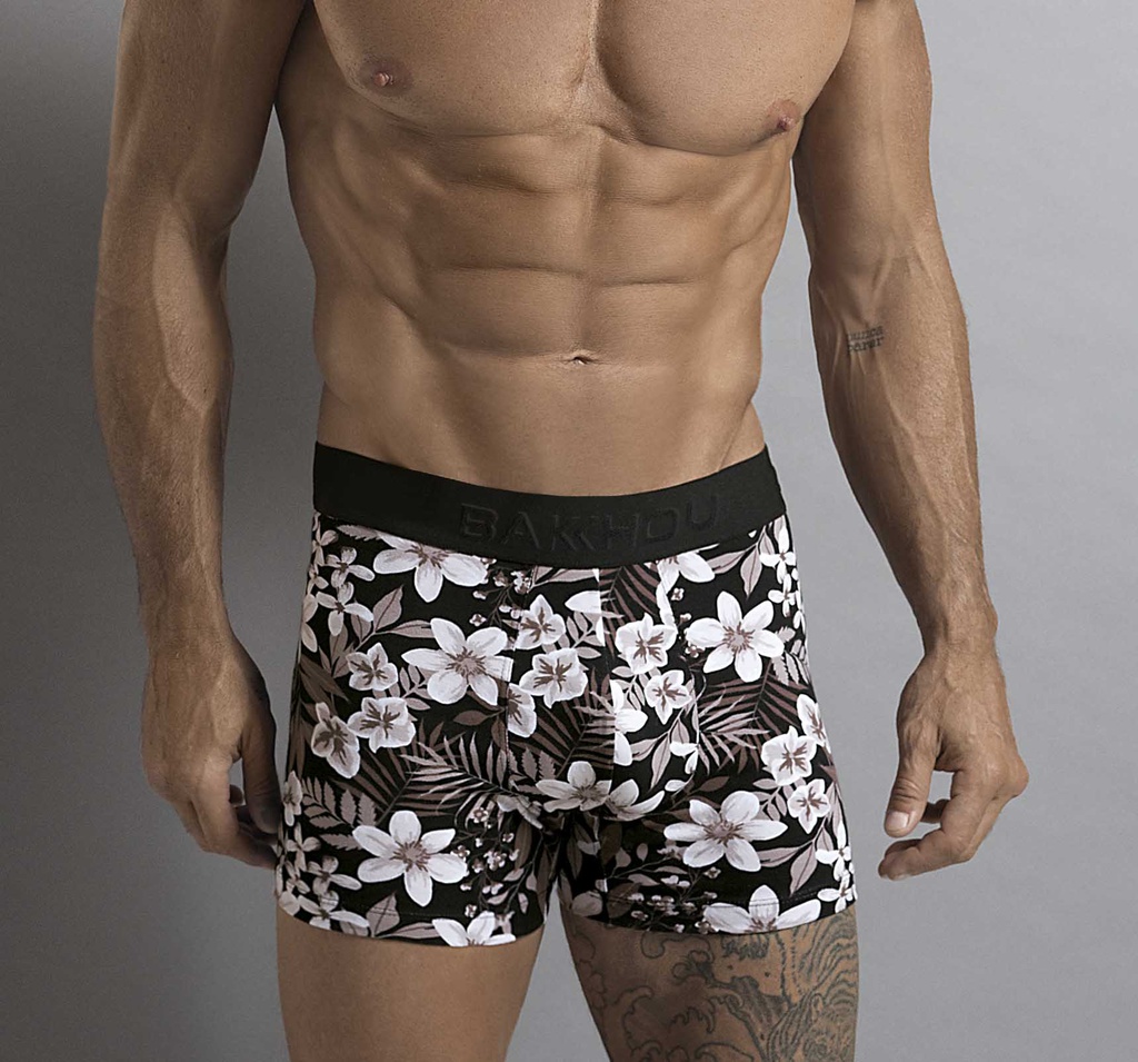 BOXER ALGODON Y LYCRA, ESTAMPADO FLOREADO Y ELASTICO SOBRE RELIEVE NEGRO