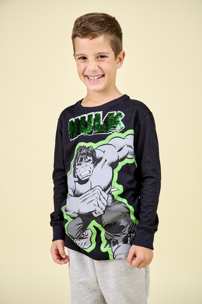 LIQUIDACION ! - INV. REMERA DE JERSEY ML ESTAMPADA "AVENGERS" CON PUÑOS Y LETEJUELAS REVERSIBLES