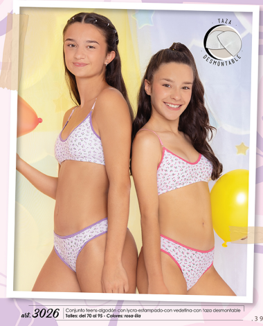 CONJUNTO TEENS DE ALGODON Y LYCRA ESTAMPADO CON VEDETINA Y TAZA DESMONTABLE