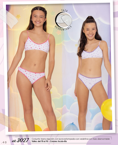 CONJUNTO TEENS DE ALGODON Y LYCRA ESTAMPADO CON VEDETINA Y TAZA DESMONTABLE