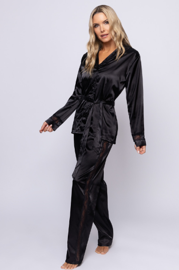LIQUIDACION ! - INV. PIJAMA DAMA INVIERNO SATEN LISO CON CAMISA Y LAZO PARA ATAR PANTALON LARGO SO STYLISH
