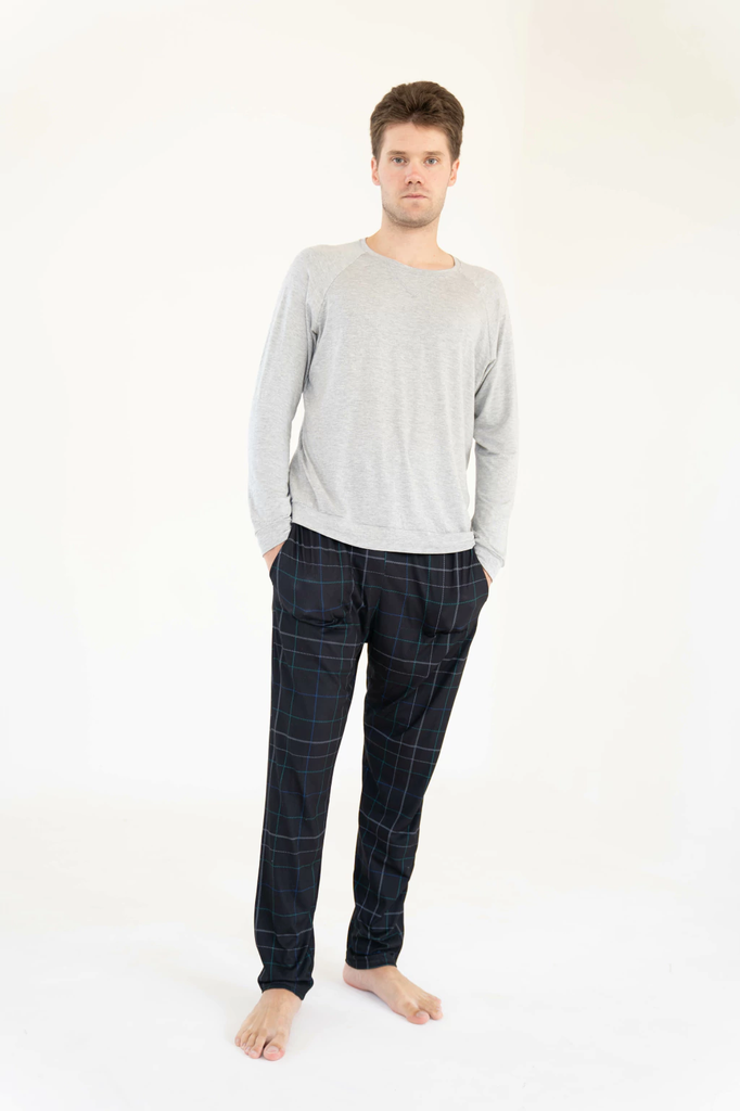 LIQUIDACION ! - INV. PIJAMA DE HOMBRE REMERA M/L LISA Y PANTALON ESTAMPADO CUADRILLE