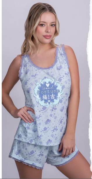 VER. PIJAMA MUSCULOSA Y SHORT ESTAMPADO CON PUNTILLA "FORTUNE"