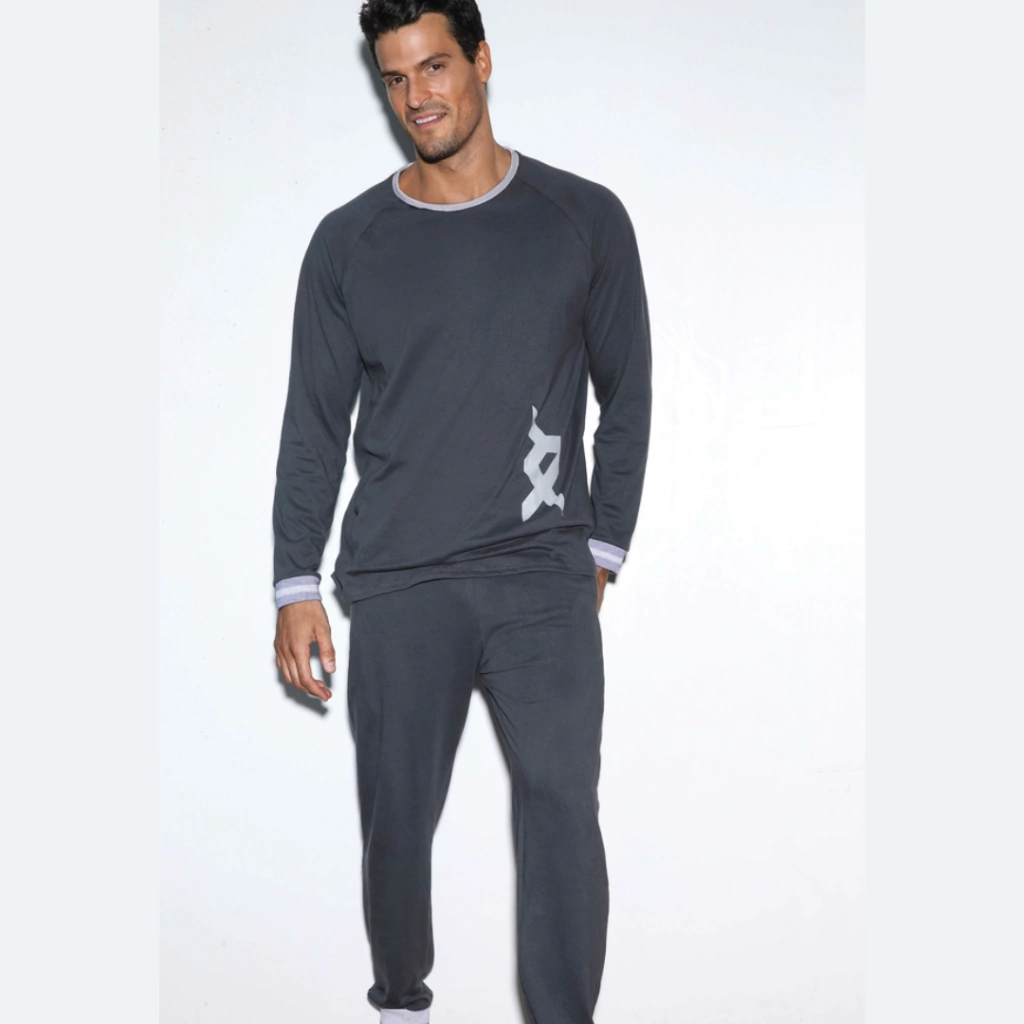  INV. PIJAMA DE HOMBRE MANGA LARGA DE ALGODÓN LISO CON TIRAS TEJIDAS