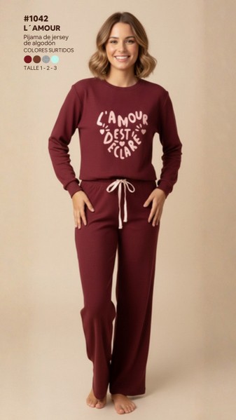 INV. PIJAMA MANGAS LARGAS DE DAMA LISO CON ESTAMPA LOCALIZADA DE ALGODÓN
