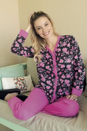 [PIA321]  INV. PIJAMA DAMA  REMERA MANGAS LARGAS ABOTONADA ESTAMPADA CON PANTALON LISO