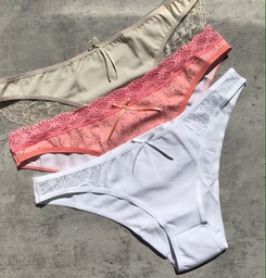 [KIE6142] PACK X3 VEDETINA DE ALGODÓN Y LYCRA CON PUNTILLA Y MOÑOS