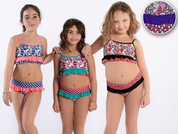 [VYO2309] MALLA BIKINI NENA ESTAMPADO CORAZONES Y LUNARES. TOP CON DOS VOLADITOS. 